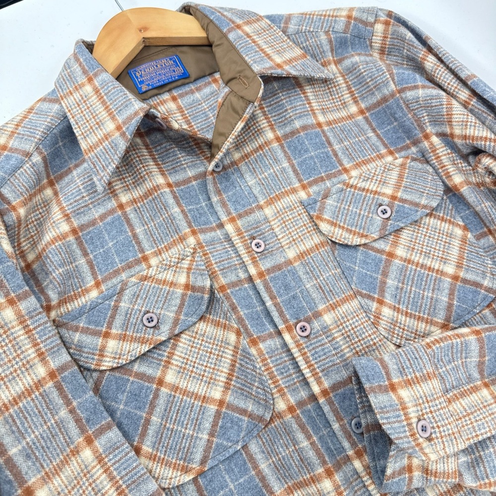Pendleton Board Shirt Mens Medium Blue Brown Plaid 100% Virgin Wool Made in USA